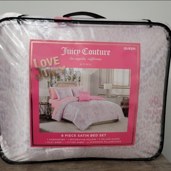 Juicy Couture QUEEN Pink Leopard Satin 8 Piece Comforter and Sheets Set - Picture 2 of 6